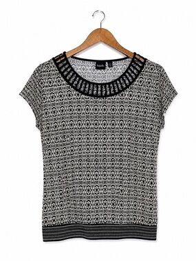 Rafaella Women’s Small Black Cream Geometric Print Cutout Neck Short Sleeve Top